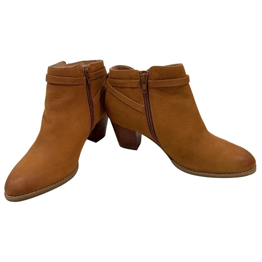 Vionic Upton Tan Leather Ankle Boots Block Heel Buckle Zip Women's 8